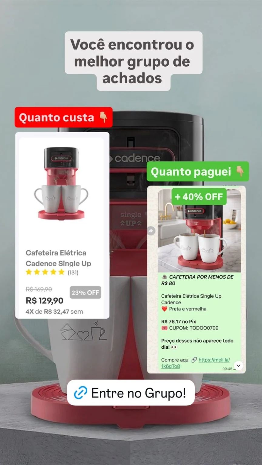 Exemplo de oferta de cafeteira compartilhada no grupo